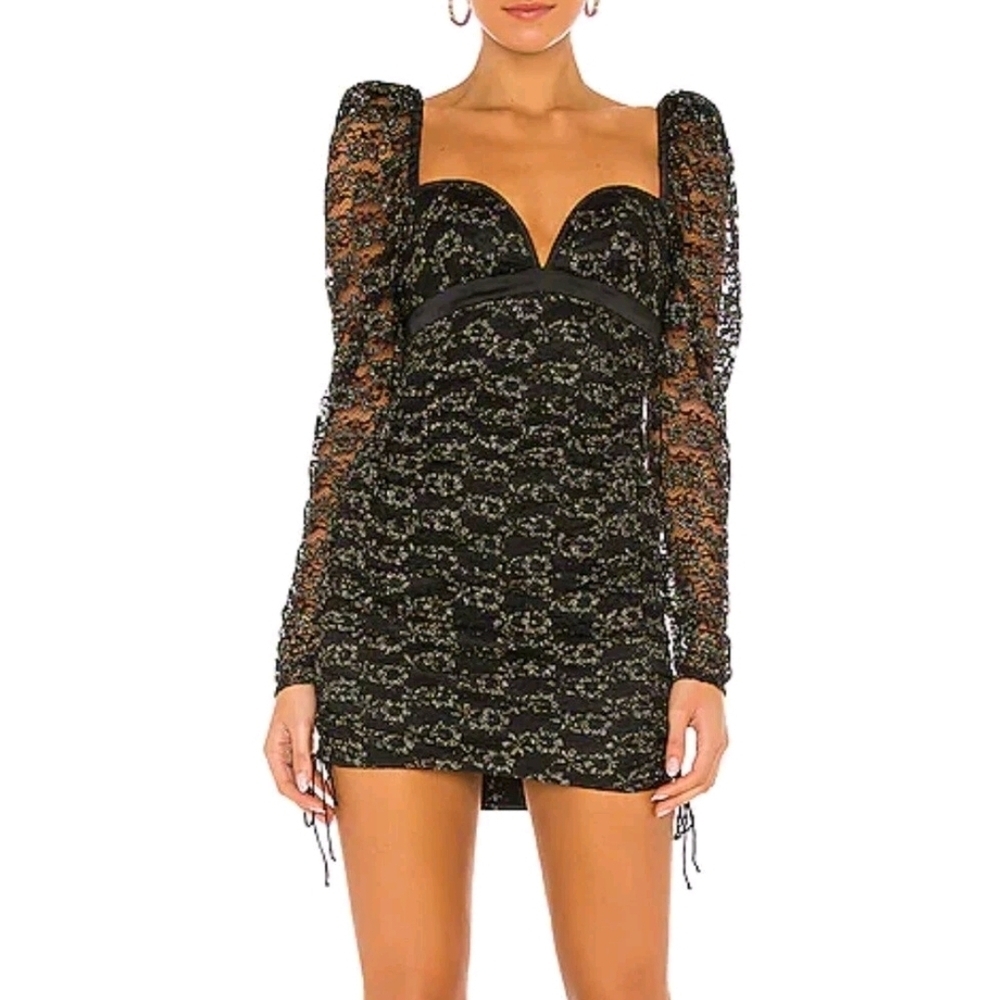 For Love & and Lemons Joanna Metallic Lace Long Sleeve Sweetheart Mini Dress M